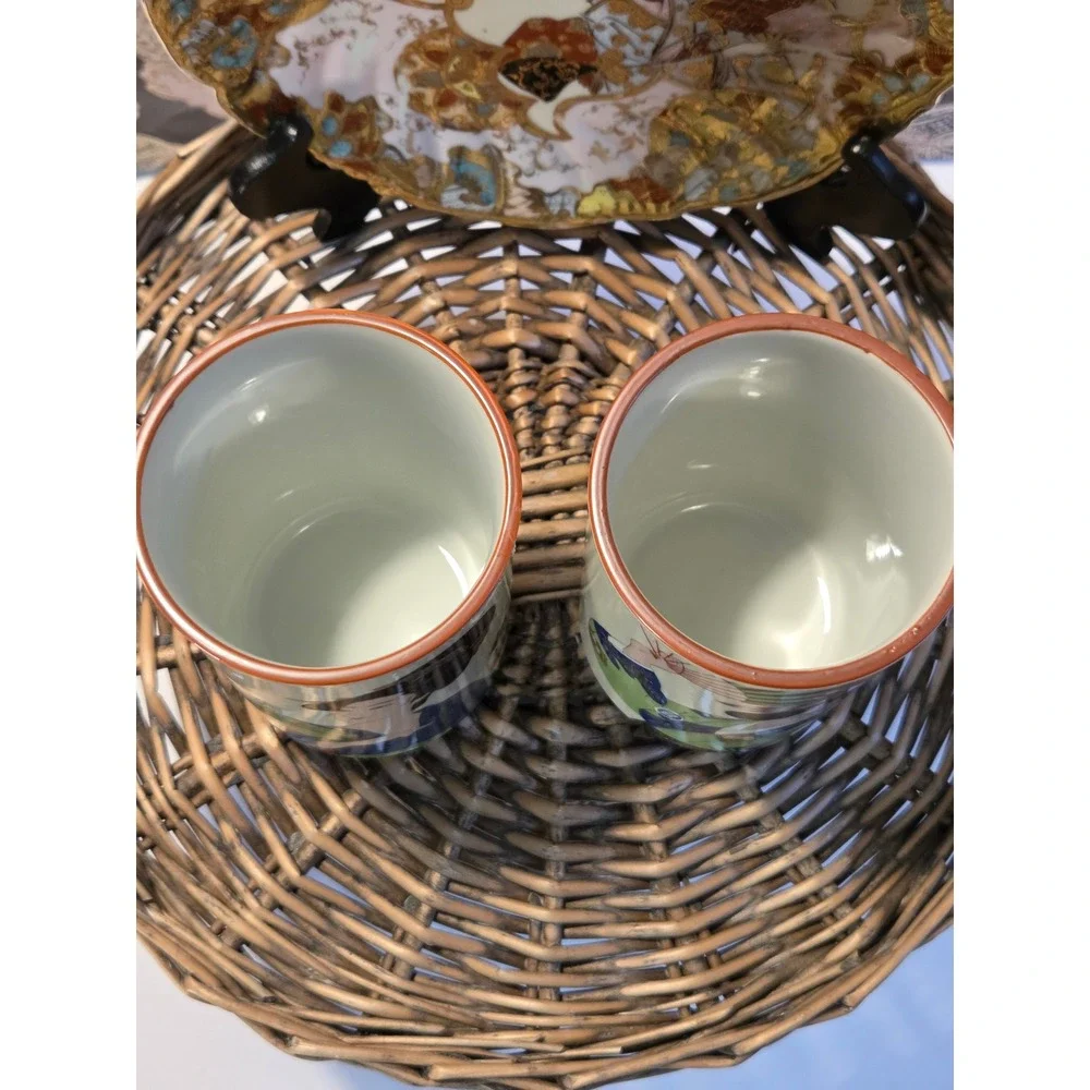 Vintage Japanese Geisha Tea Cups with Antique Japanese‎ Kutani Geisha Plate